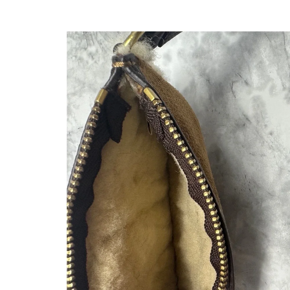 UGG‎ Australia Suede Shearling 🤎Wristlet Pouch Chestnut Brown Leather Trim Logo